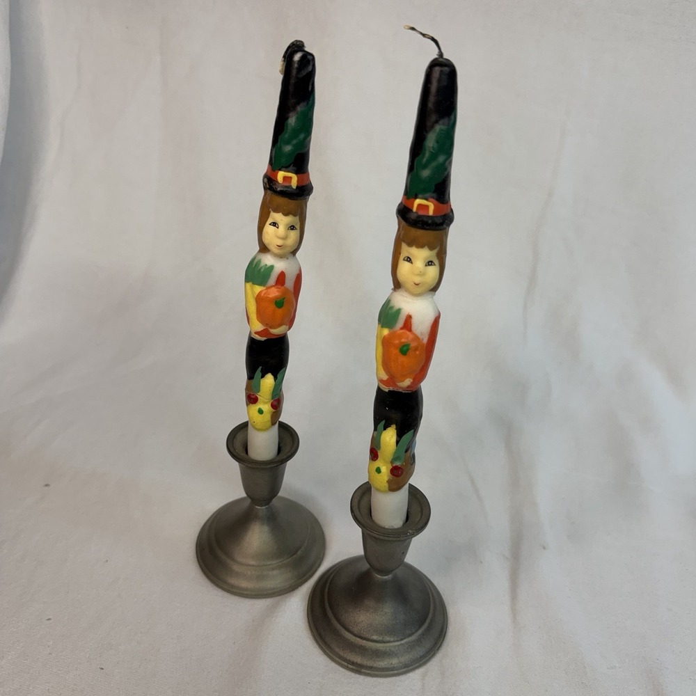 Thanksgiving Pilgrim 10 in Taper Candles, Multicolor Wax, Set of 2 Vintage